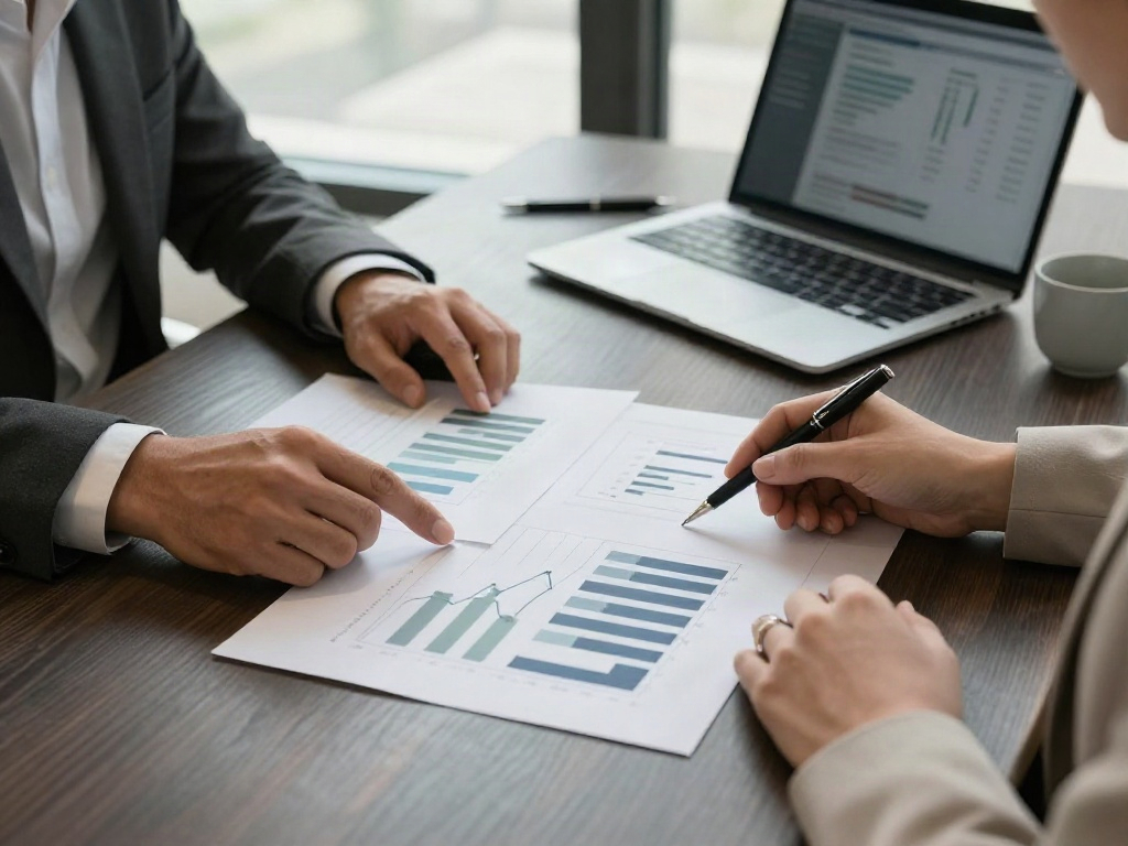 Business consultants working through performance charts and priorities during a review session