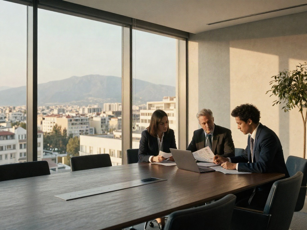 Consultants reviewing business strategy in a sunlit executive meeting room overlooking the city